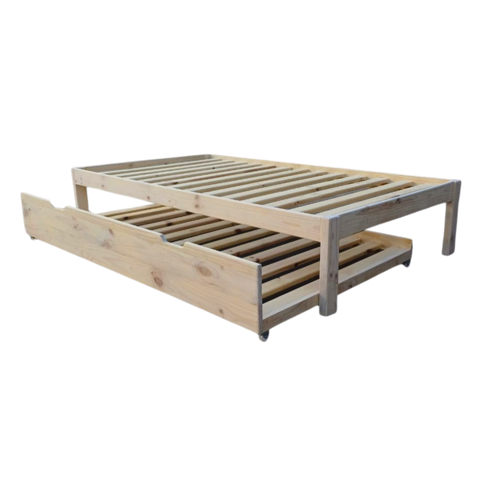 wooden bed with under bed on wheels