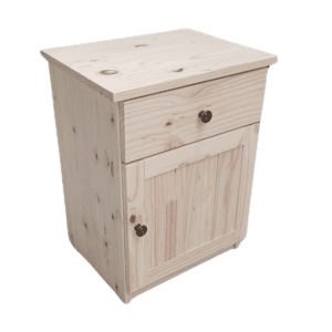 wooden pedestal at Dream Beds - door and draw raw pine