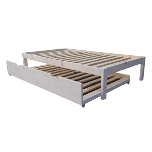 white wooden bed with underbed on wheels